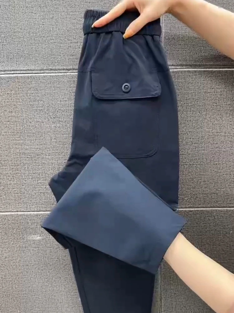 2025薄款高腰女哈伦裤长裤藏青色大码女款裤子黑色流行复古工装风