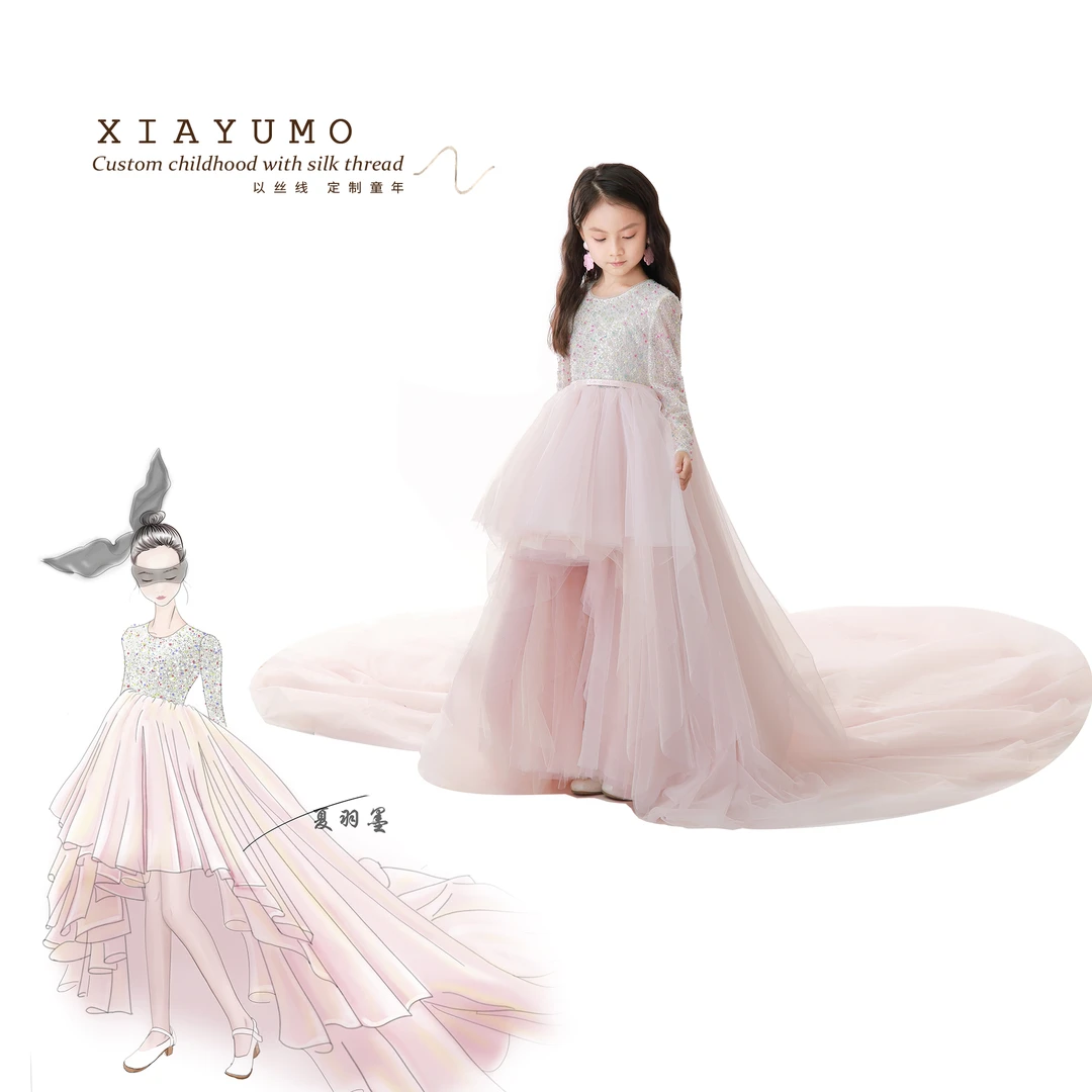 夏羽墨女童新款粉色重工大拖尾走秀礼服主持钢琴走秀连衣裙