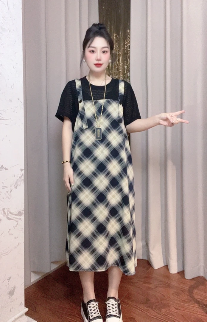 夏日新款时尚中长款拼接格子显瘦假两件短袖背带连衣裙