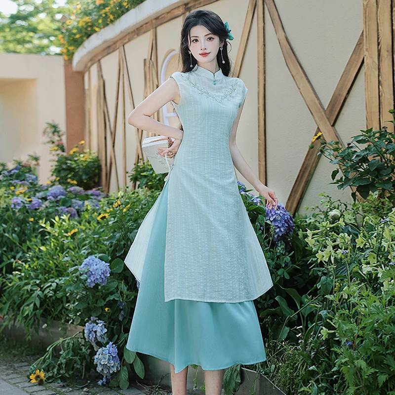 新中式复古清冷感兰花刺绣改良旗袍高级感气质连衣裙子女夏季2486