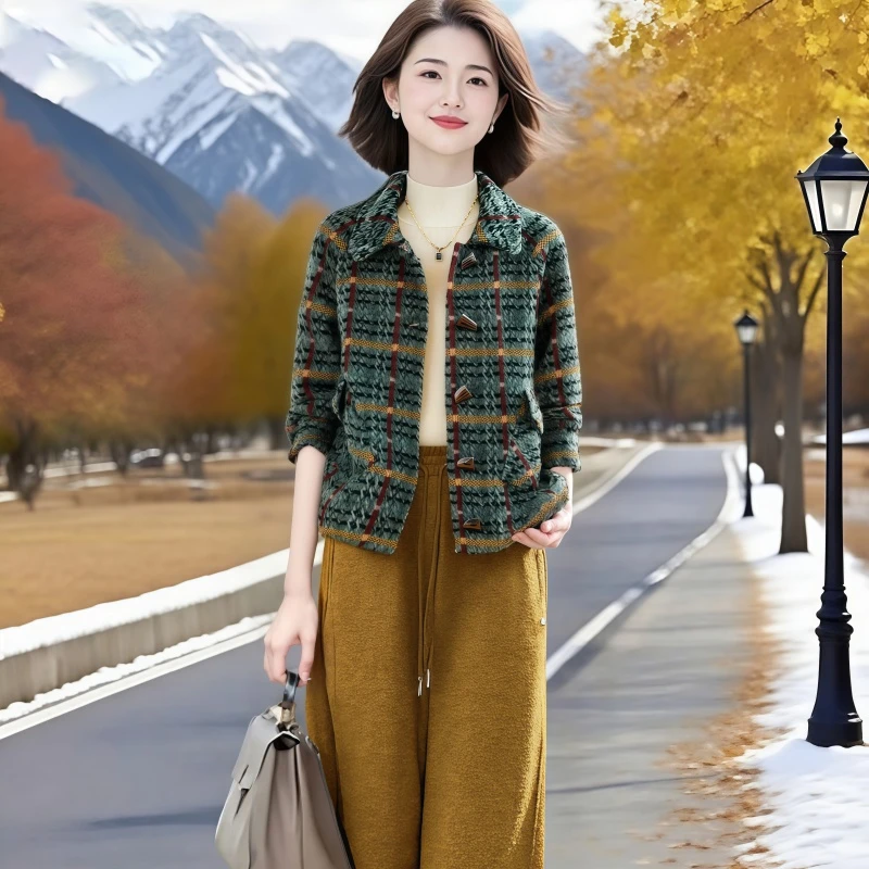 素订女装原创品牌旗舰店时尚格子毛呢外套搭配松紧腰加厚阔腿裤秋