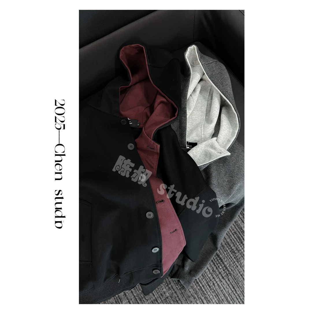 「陈叔」春季【异色门襟】重磅个性时尚韩系宽松排扣连帽卫衣180338