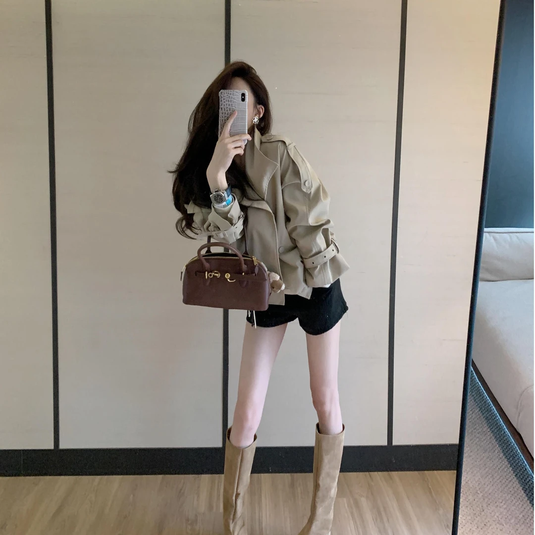 卡其色立领短款风衣女2025秋季新款气质高级感外套百搭短裤两件套