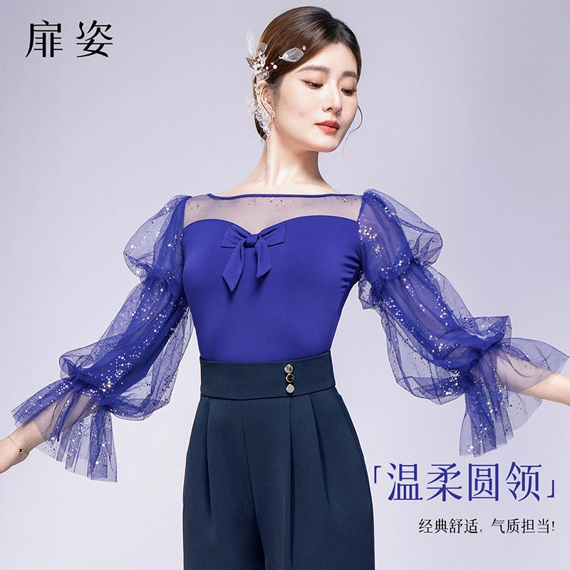 扉姿 摩登舞服装女新款专业交谊舞练功服国标舞亮片跳舞上衣F1324