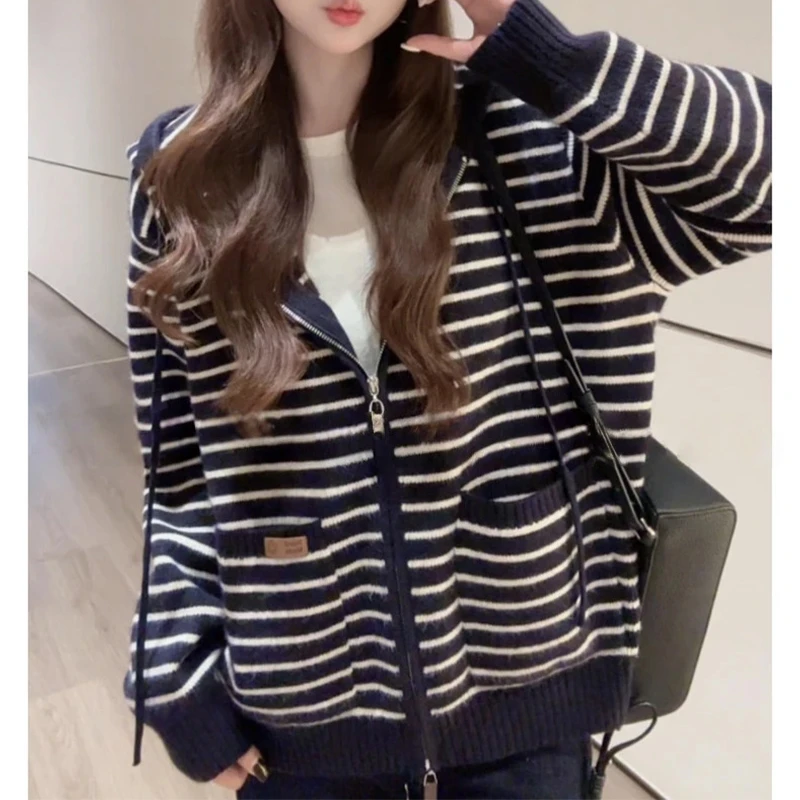 复古松弛感宽松帽衫双头拉链连帽条纹针织毛衣外套女秋冬装针织衫