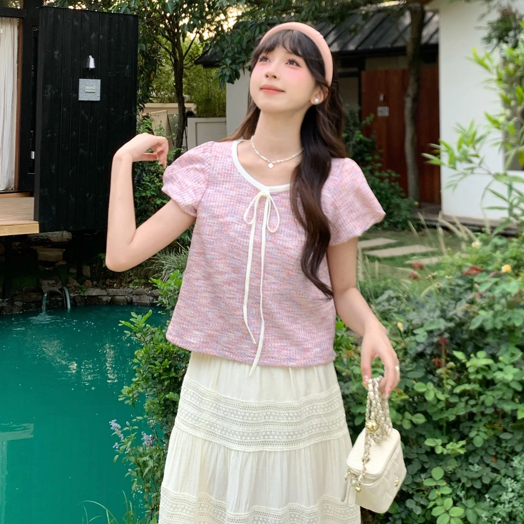慕兔韩系小个子系带圆领宽松百搭针织衫女2025夏新款正肩修身上衣