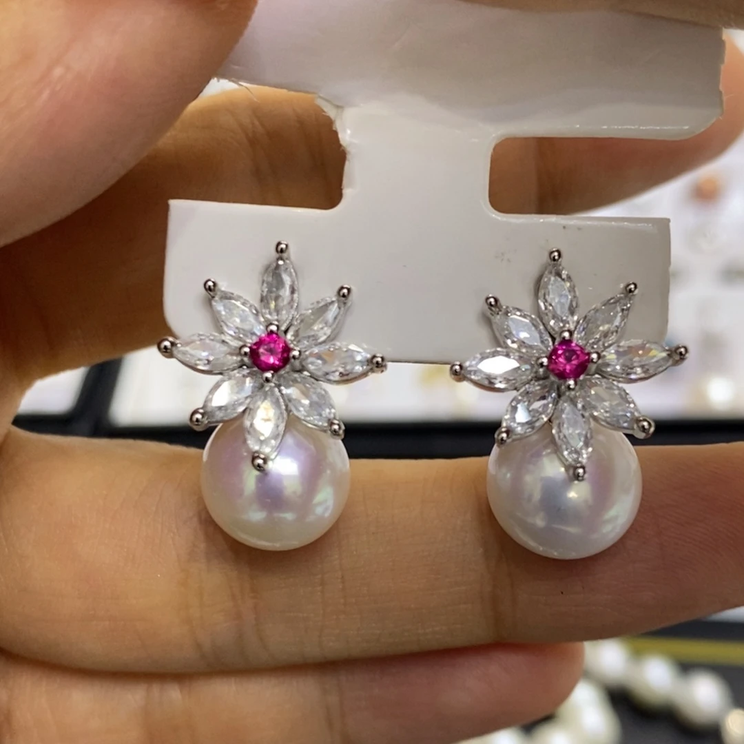 耳饰银S925镶嵌淡水珍珠