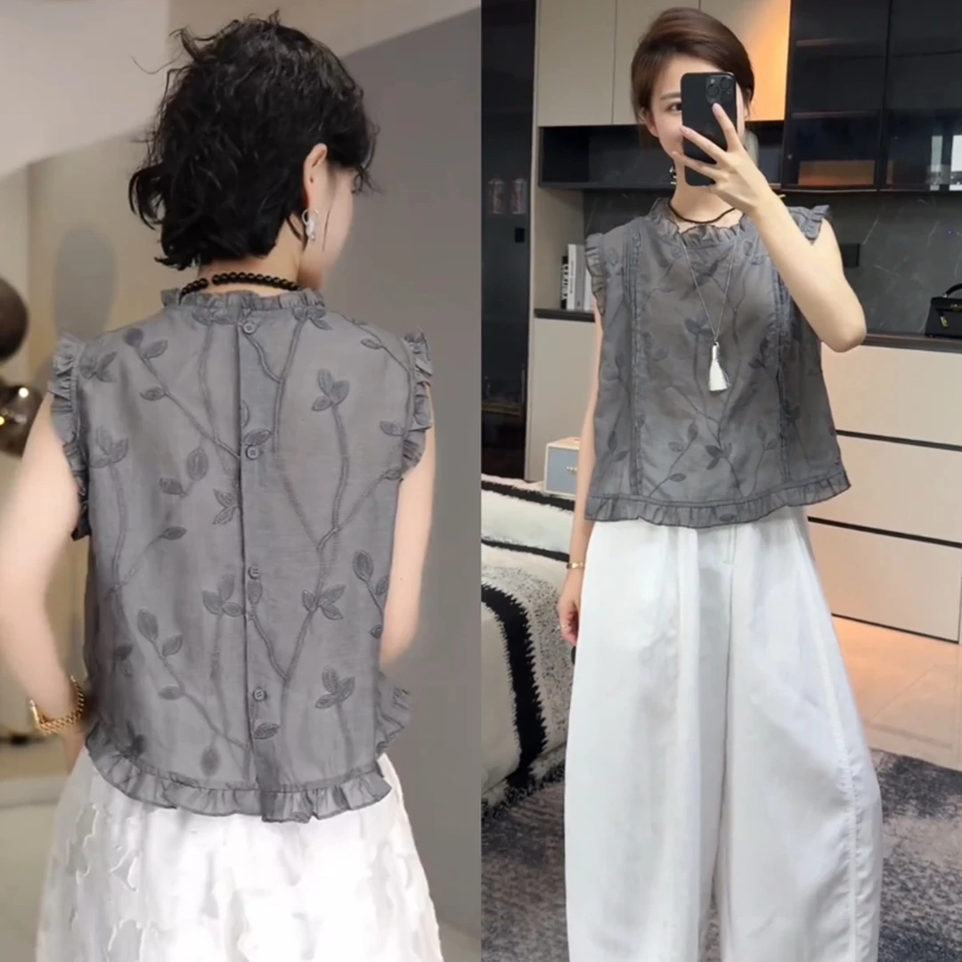 夏季爆款高级重工刺绣小衫+九分气球裤女装时尚减龄超好看两件套