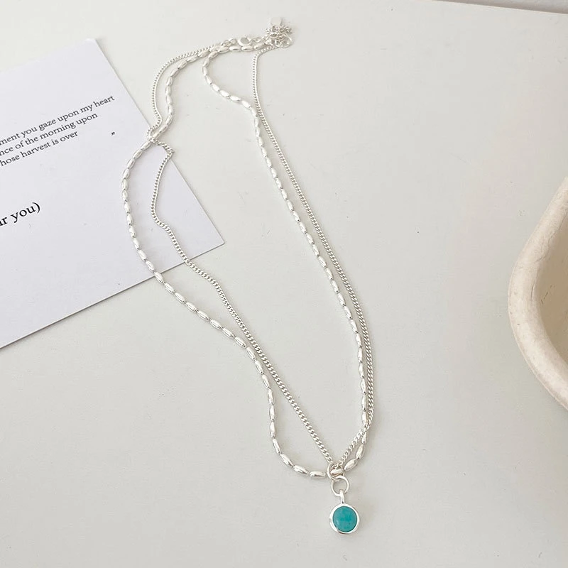 韩国925纯银双层米粒项链天河石小清新锁骨链