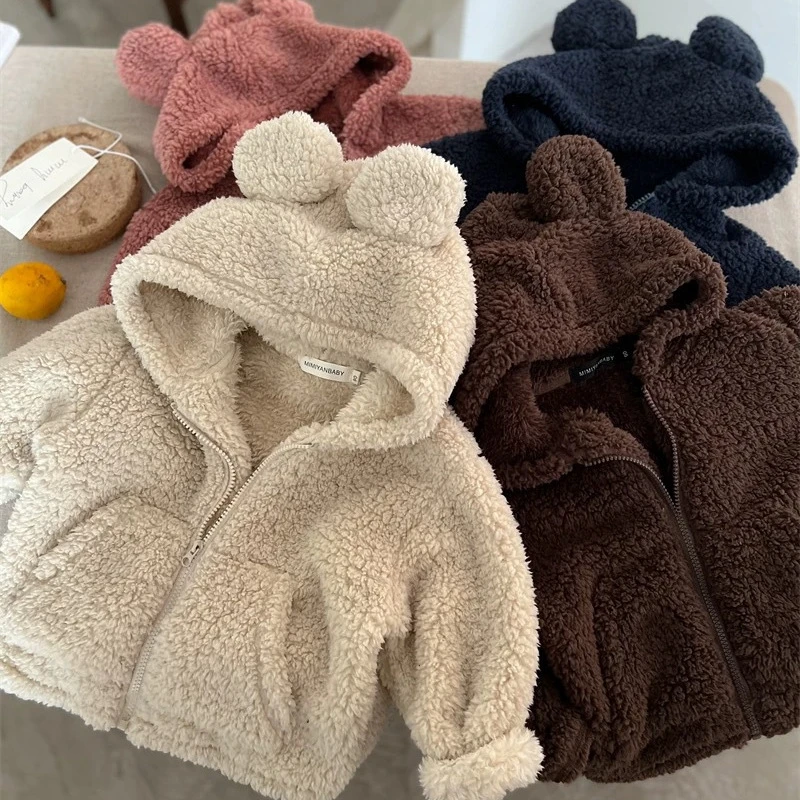 2025冬季新款男童女童加厚舒适毛毛衣纯色拉链衫连帽长袖外套潮流