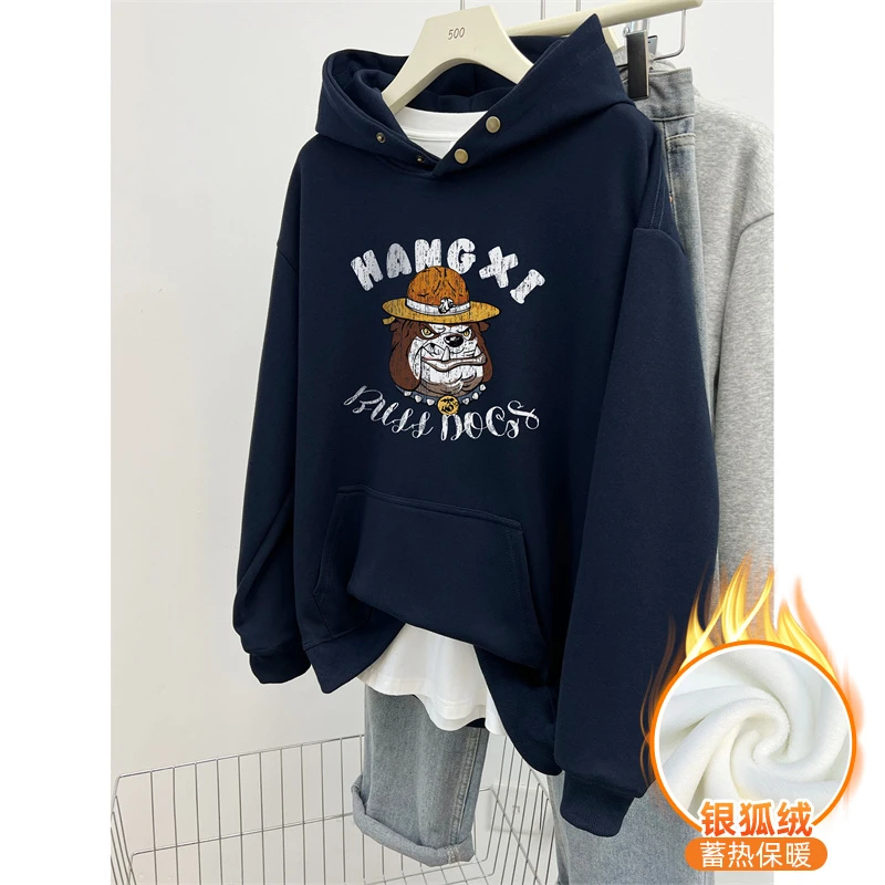 纽扣连帽卫衣女2025秋冬藏青色加绒加厚oversize潮牌宽松大码外套