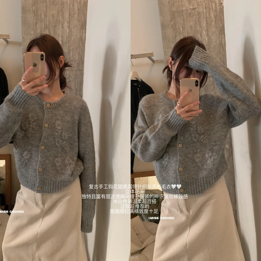 十三行OLIVE-冬季福秒复古手工钩花毛衣甜美圆领针织毛衣#M009