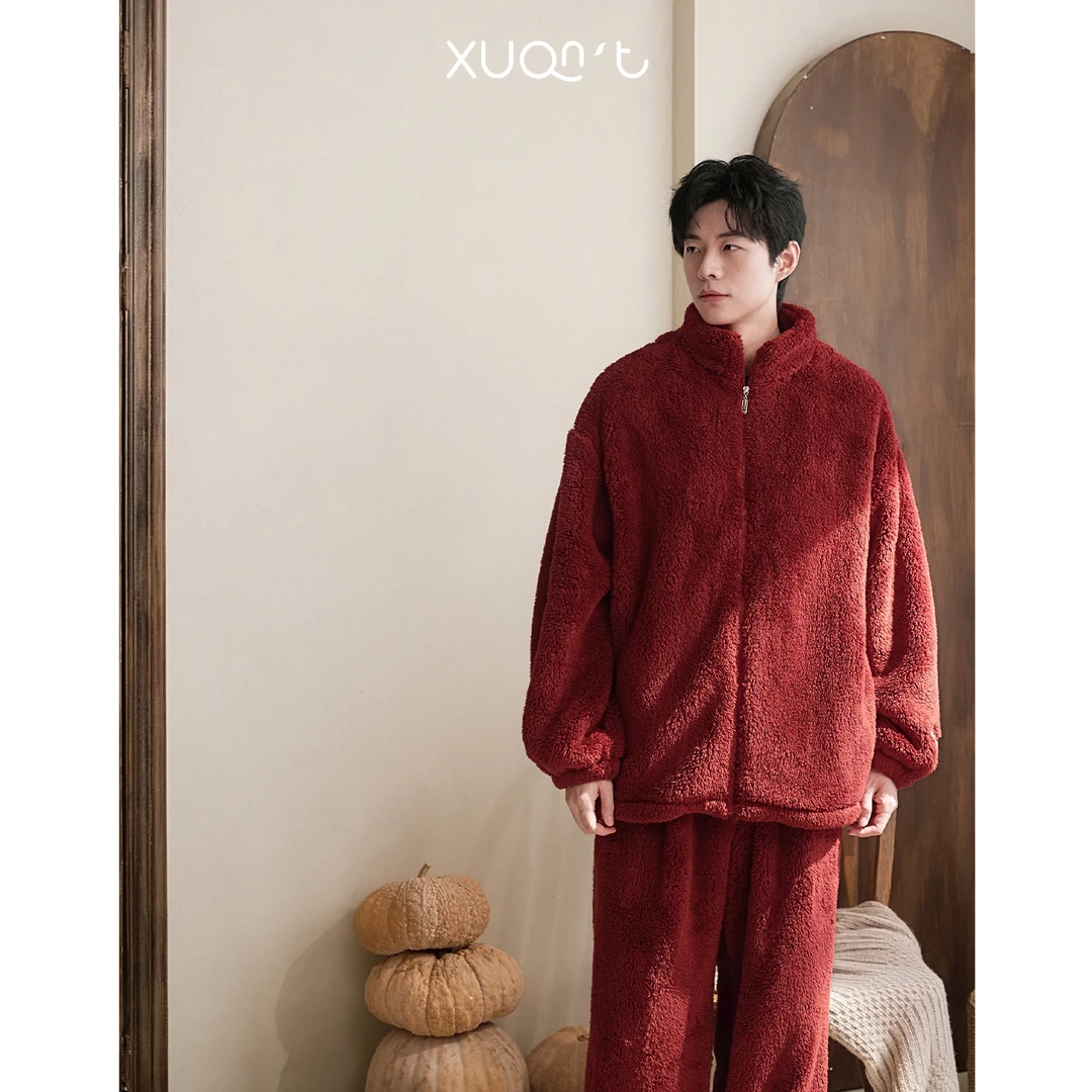 纯禧冬季睡衣男款珊瑚绒加厚绒红色本命年结婚保暖家居服秋冬款