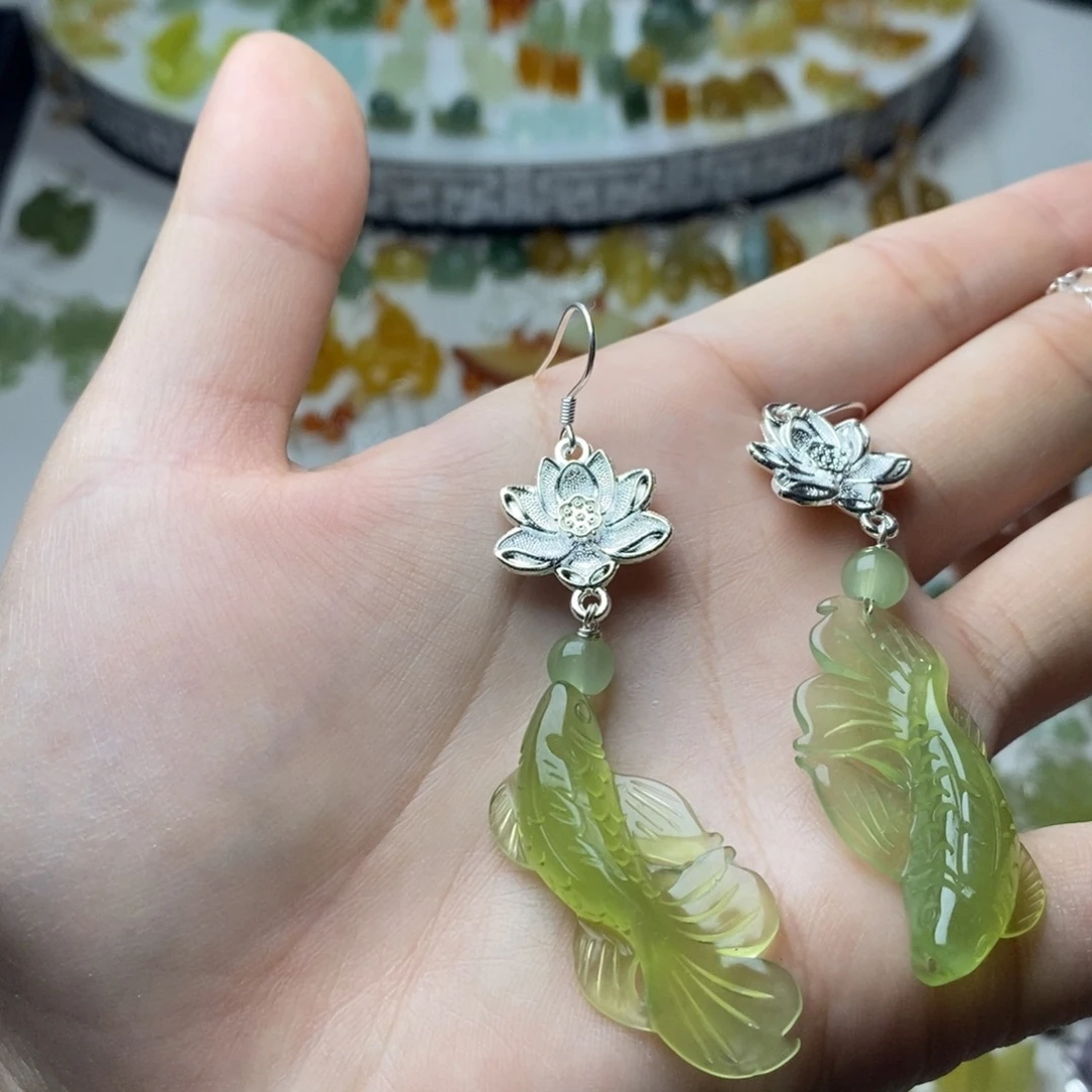 海***心蛇纹石玉合金耳饰/颈饰