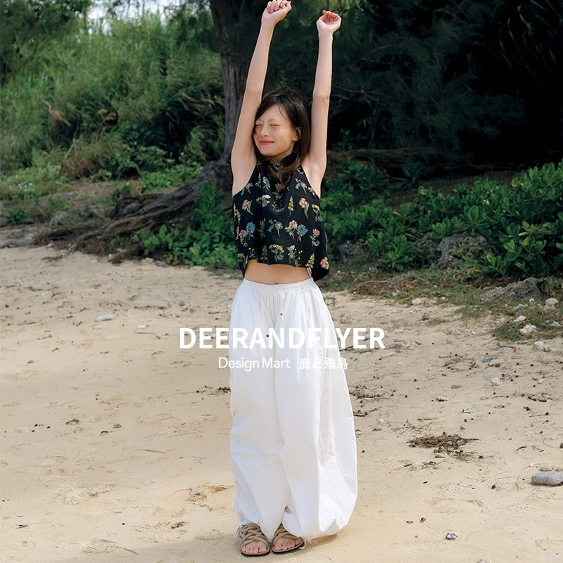 鹿与飞鸟“懒氧铃兰裤”夏薄款100棉松紧腰休闲花苞裤有内衬6584