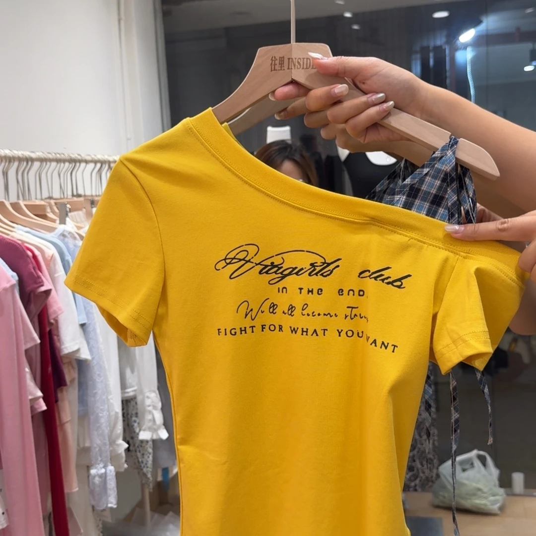 棉纯棉字母印花辣妹斜肩