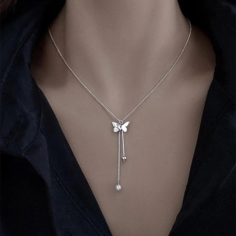 铜合金吊坠 新款流苏蝴蝶设计感项链女轻奢小清新小众感百搭简