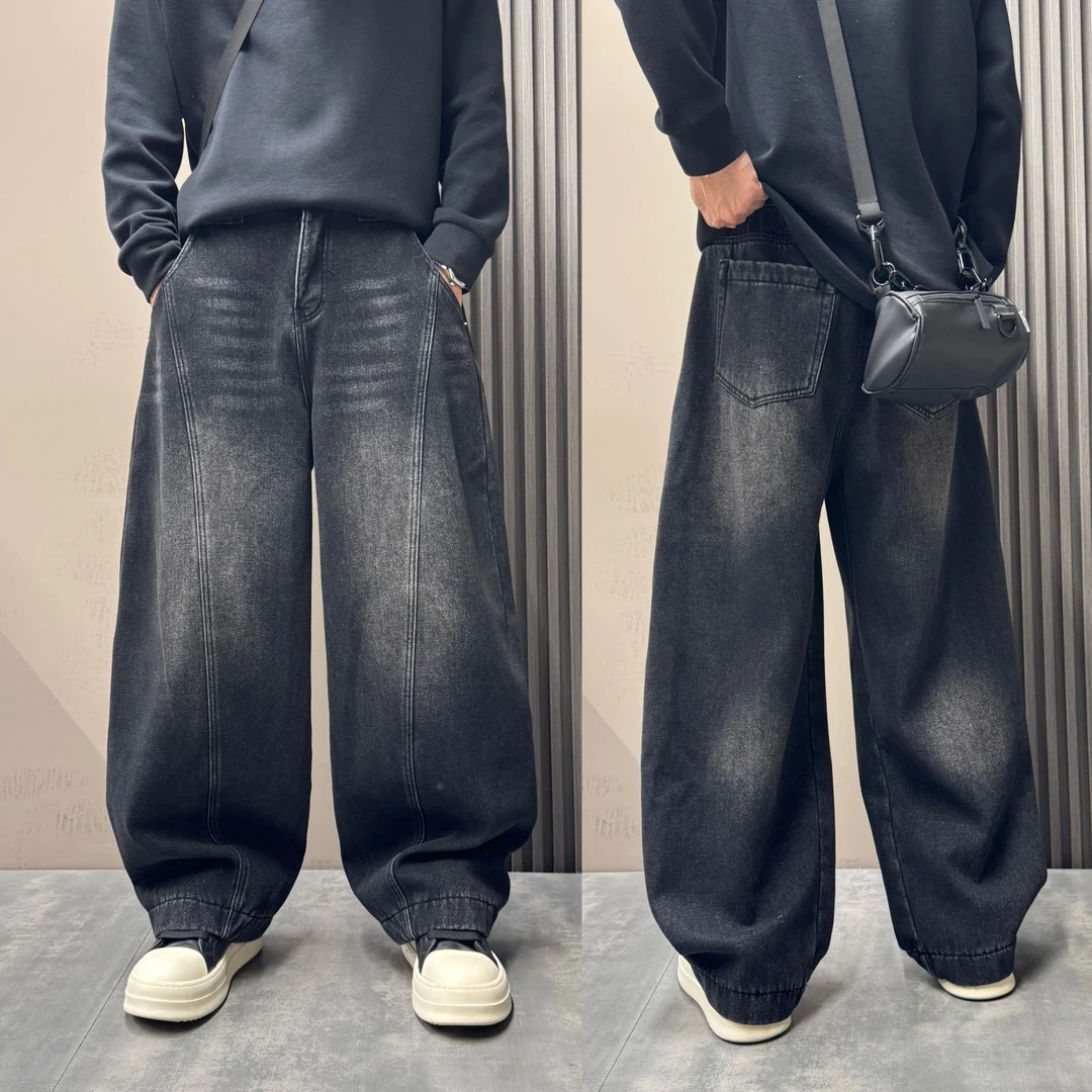 2025秋冬痞帅高街水洗复古加绒牛仔弯刀裤男美式痞帅直筒阔腿裤