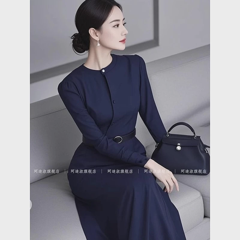 2025春季新款出席重要场合的穿搭法式赫本风藏青色连衣裙女高级感