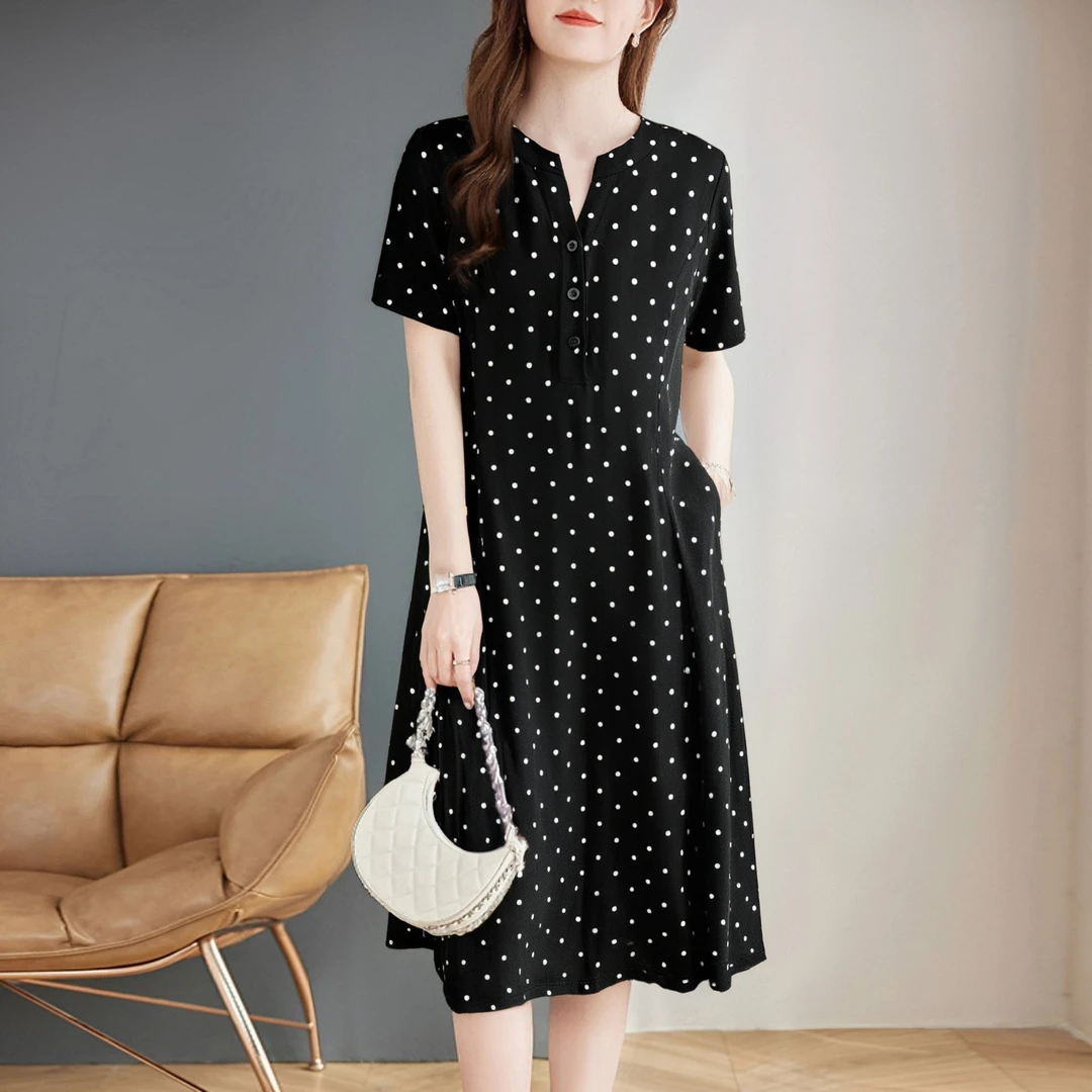 波点短袖连衣裙女夏妈妈休闲宽松女装2025新款遮肚子黑色长裙显瘦