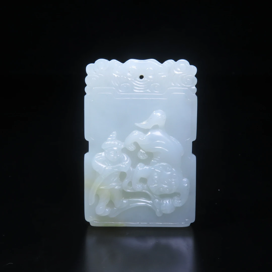 清代胡人戏狮文人牌饰/MZ616590/和田玉/民族文物