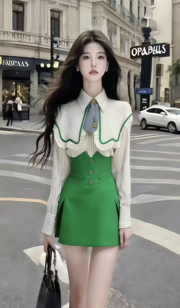 秋季新款高级感条纹翻领长袖设计感上衣+绿色高腰半身裙女两件套