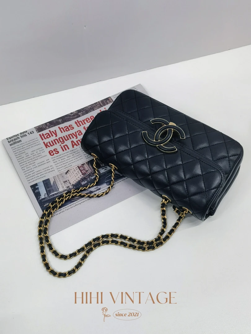 95新 Chanel/香奈儿 黑金双C大logo双层菱格纹链条包18275600二店