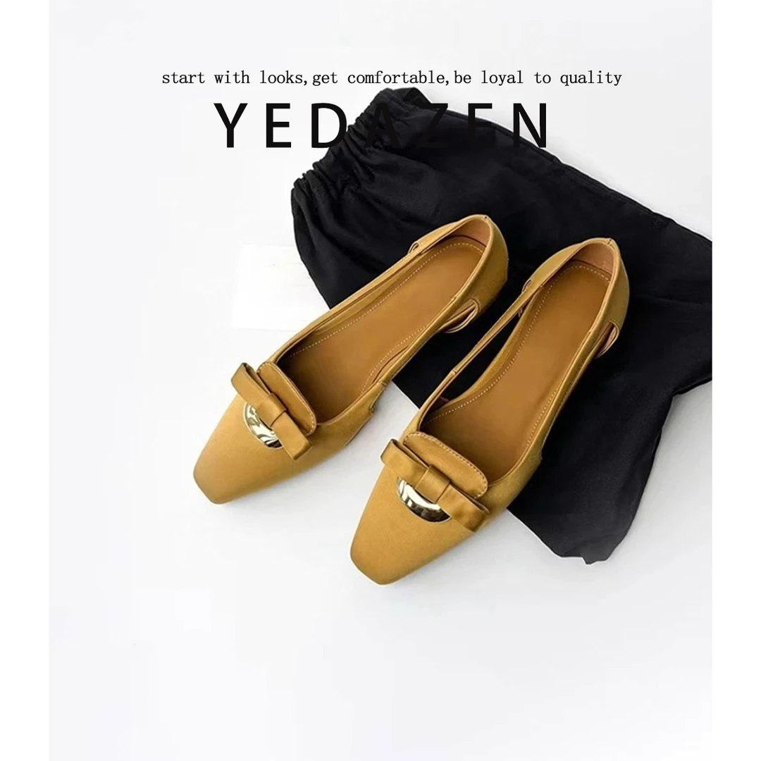 羊皮版~气质优雅绸缎面金属蝴蝶结晚晚鞋女一脚蹬镂空内增高单鞋