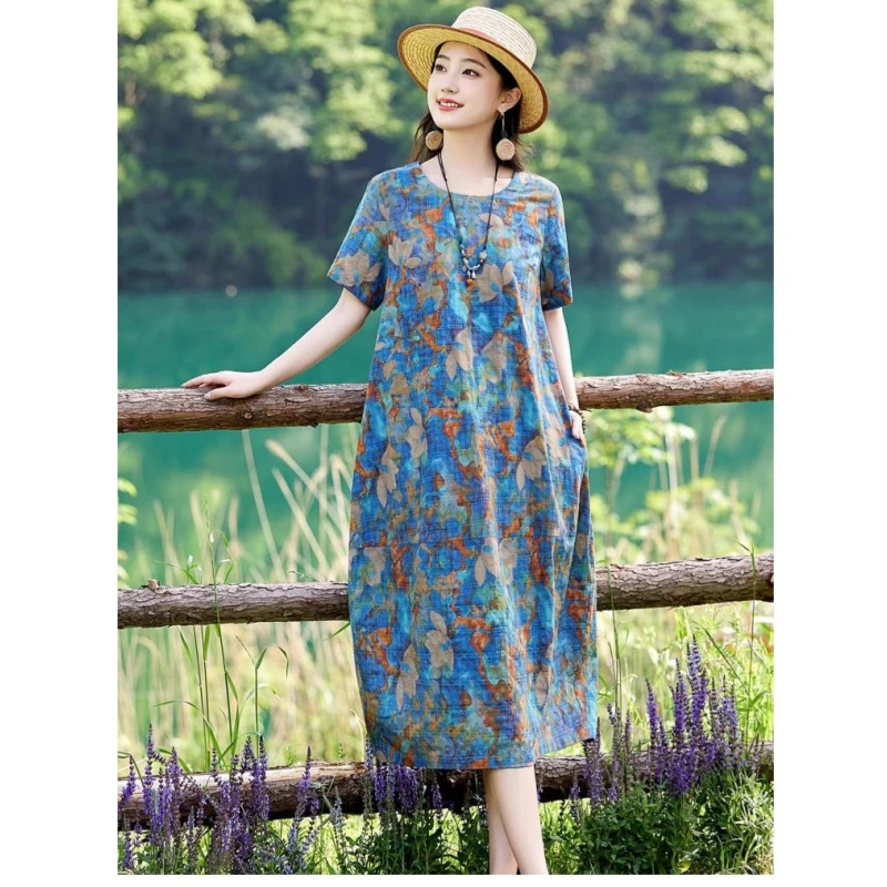 2025夏季新款碎花连衣裙中长款宽松遮肚显瘦减龄圆领宽松中长款
