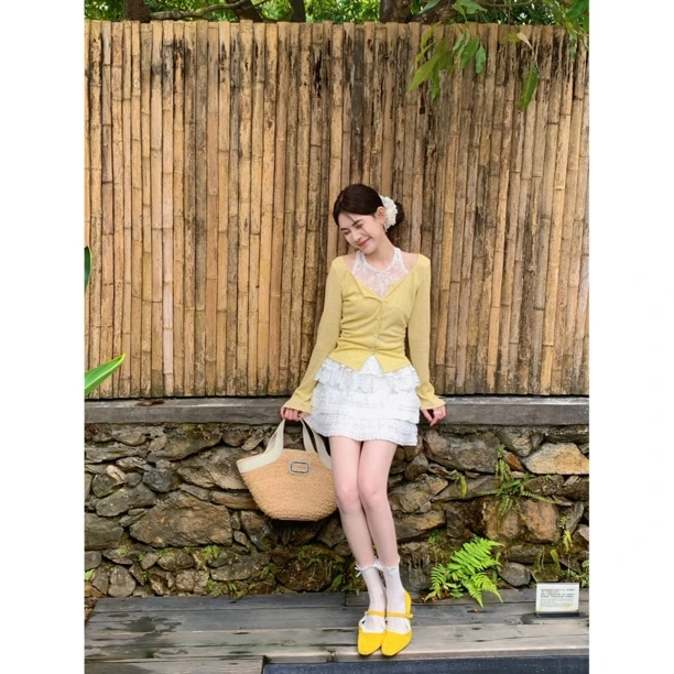 【氛围美神】26126 温柔风气质一字肩挂脖长袖假两件蕾丝拼接上衣