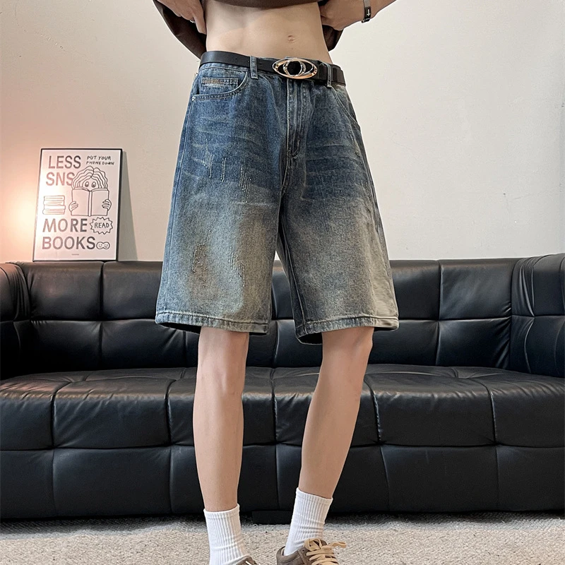 夏季美式复古水洗做旧牛仔短裤男女宽松休闲直筒五分中裤
