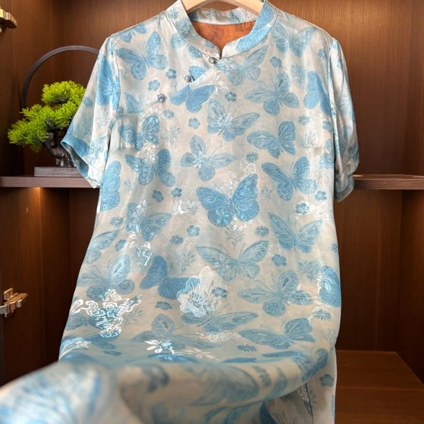 【蓝蝶】掉新中式国风旗袍裙提花复古A字连衣裙女装