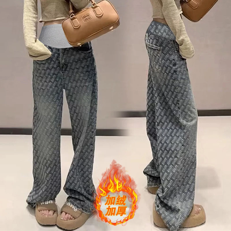 孕妇牛仔裤2025新款韩版加绒加厚牛仔冬季网红款复古字母显瘦百搭