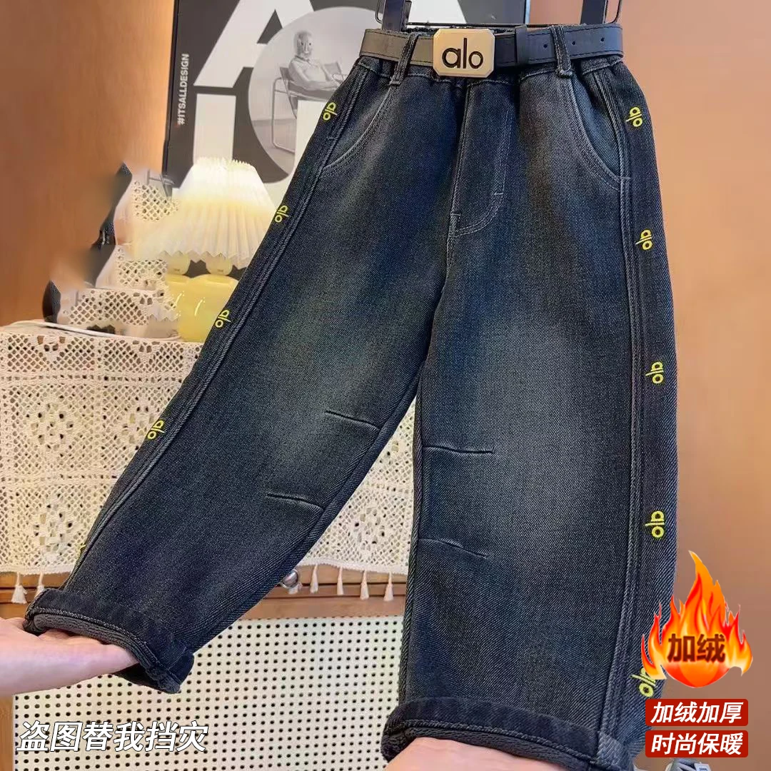 【加绒】舒适侧边字母设计纯色2025新款中大童韩版百搭牛仔裤9614