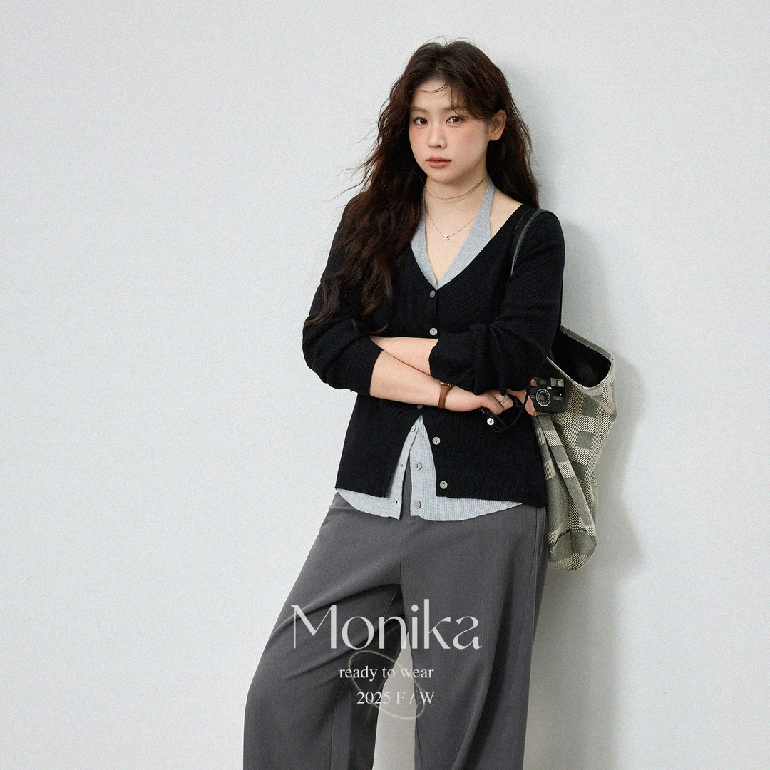 大码撞色V领假两件长袖针织衫遮肉显瘦百搭上衣15591+休闲裤76151