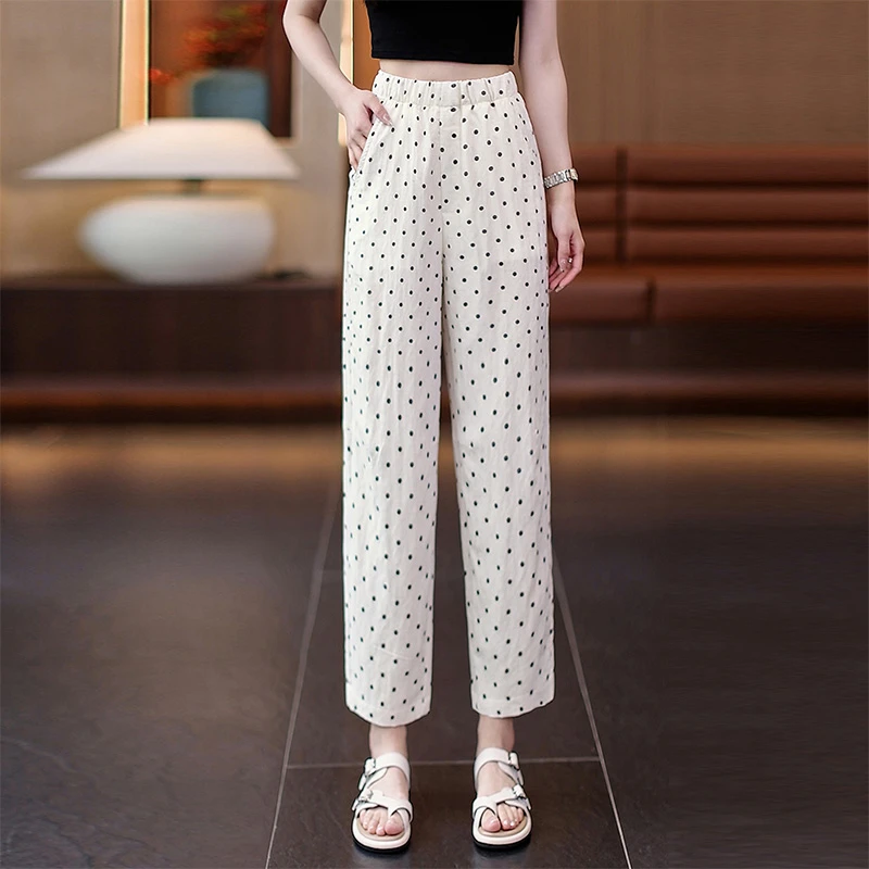 冰丝波点九分直筒裤女士夏季2025新款松紧高腰宽松显瘦薄款哈伦裤