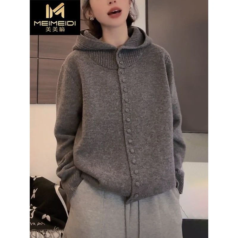 哥弟阿玛施正品灰色连帽毛衣女秋冬季慵懒风软糯宽松洋气针织开衫