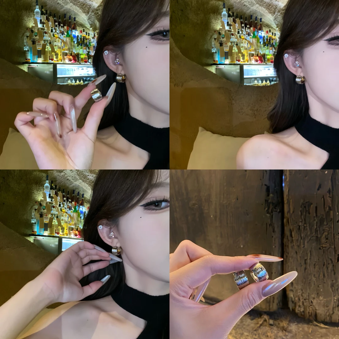 铜合金耳饰 绸缎光感拉丝金属宽边耳扣小众女冷淡风素圈耳环耳饰