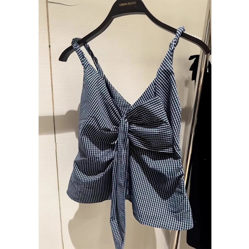 韩系chic高级感超好看上衣设计感小众别致蓝色格子吊带衬衫女夏季