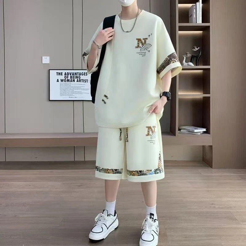 夏季运动套装男士百搭大码休闲运动套装宽松短袖T恤短裤两件套潮