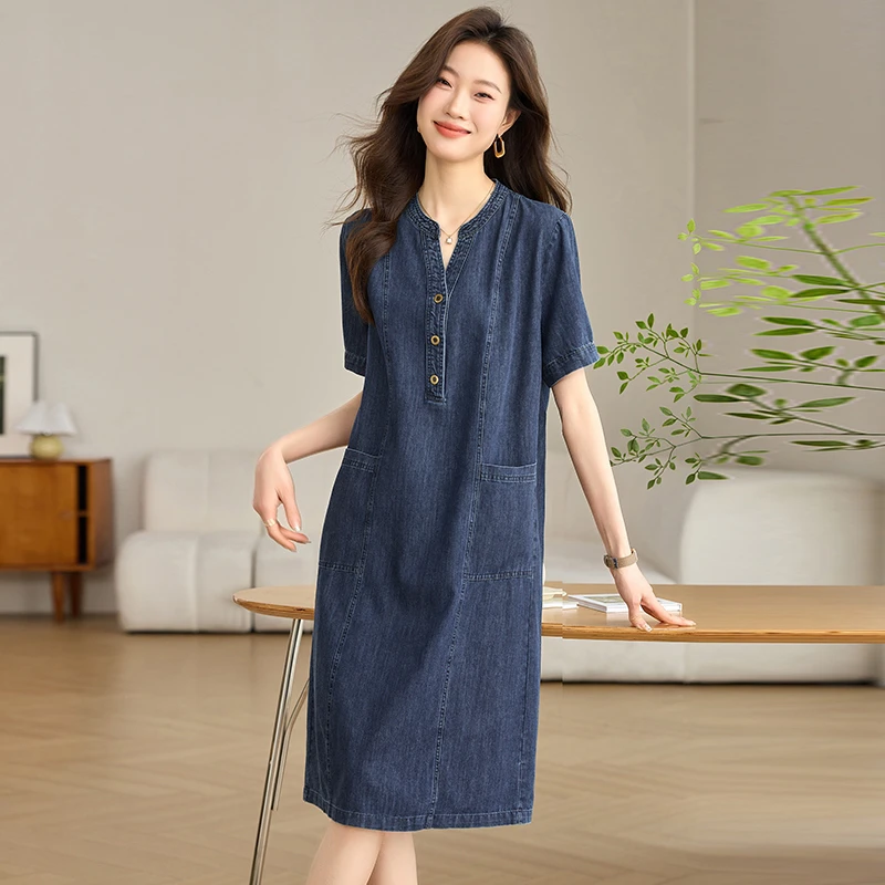 8885666牛仔连衣裙夏季中年妈妈爆款显瘦遮肉牛仔裙子中长款