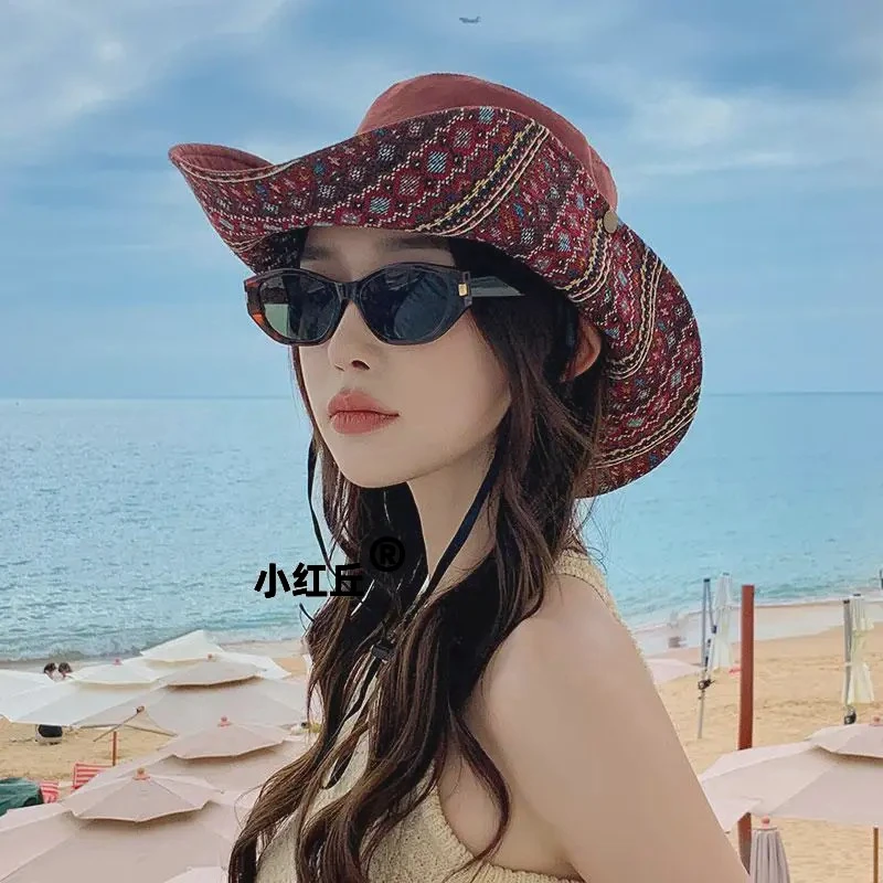 民族风登山帽女夏旅游度假宽檐遮太阳帽子户外爬山钓鱼防晒渔夫帽