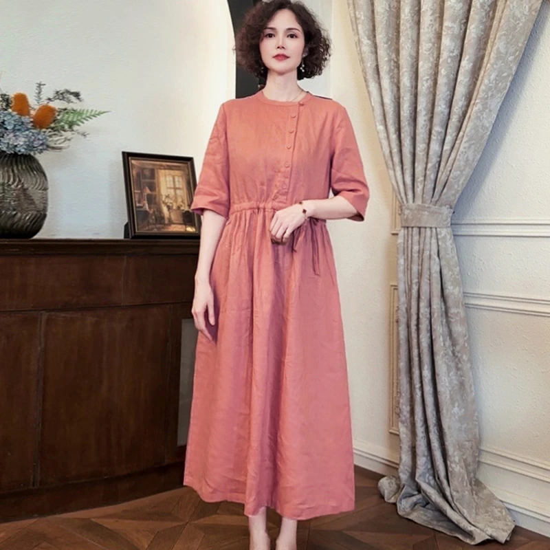 韩穆KA69518气质显瘦纯色亚麻连衣裙中长款收腰设计