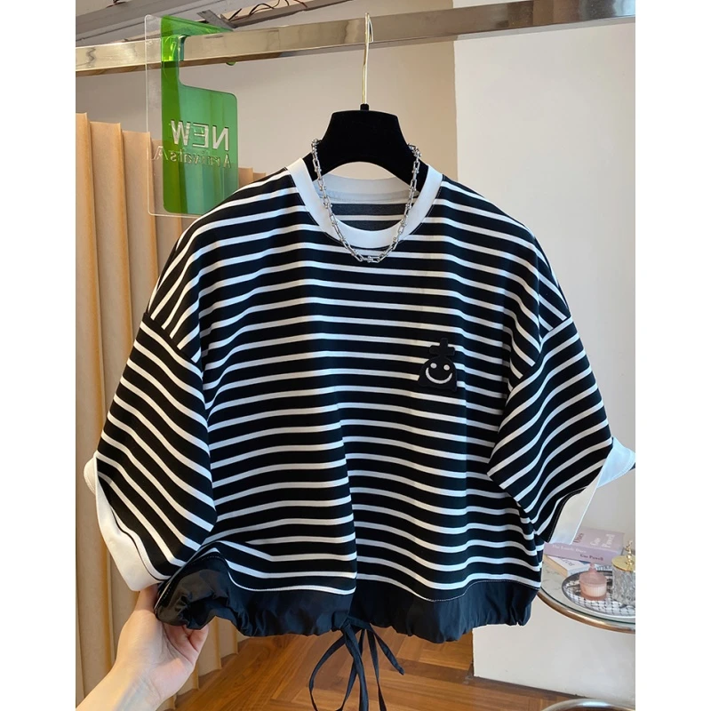 韩系小个子短款条纹t恤女短袖2025新款宽松笑脸刺绣抽绳收腰上衣