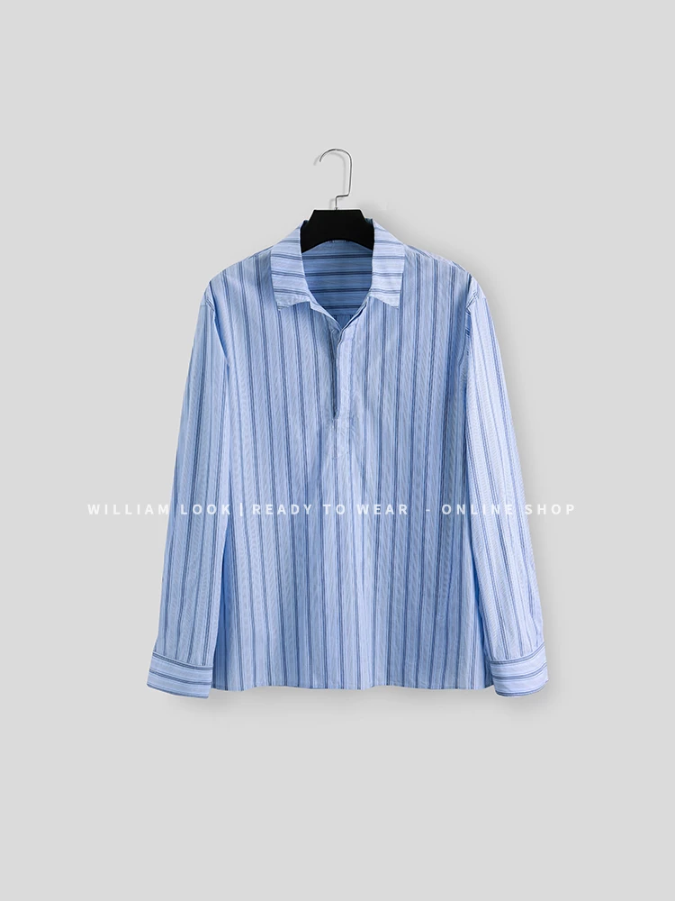 威廉威 男女同款【竖条衬衣】夏日竖条开胸套头宽松衬衫B513