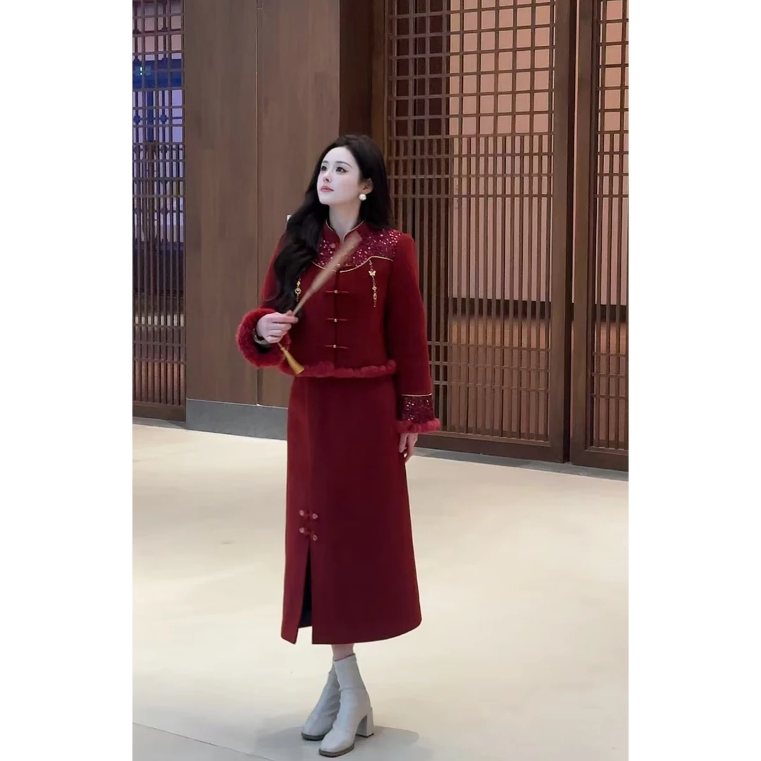 【挚爱】77新中式盘扣亮片拼接羽绒服外套+半裙XMZH5479