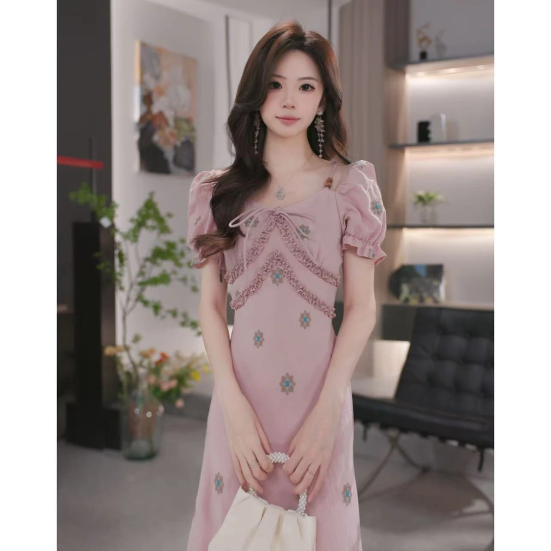 晓西-方领短袖女夏季新款连衣裙甜美收腰温柔显瘦a字裙子-56207K