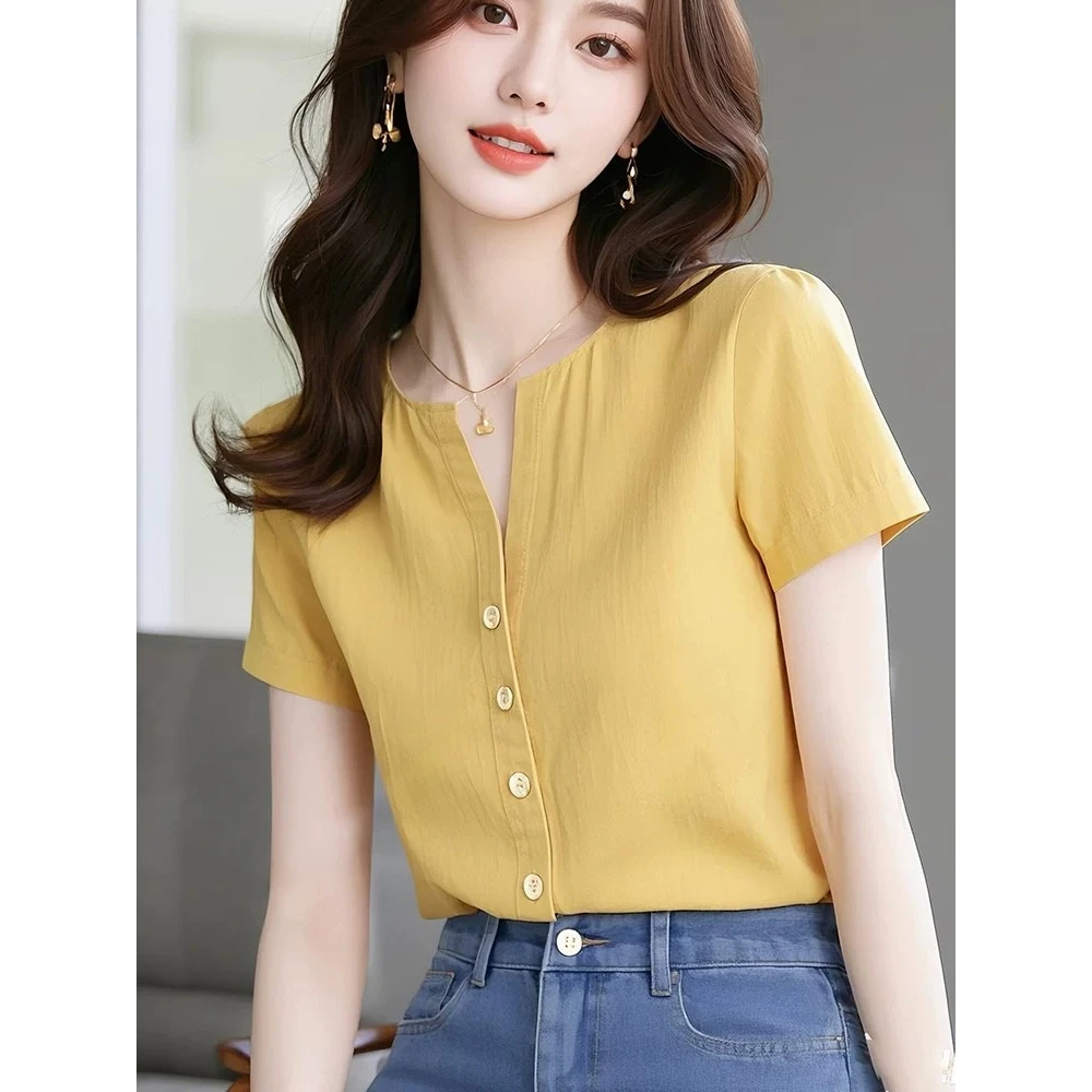 春季法式独特别致超好看减龄轻奢高级感修身百搭洋气黄色短袖上衣