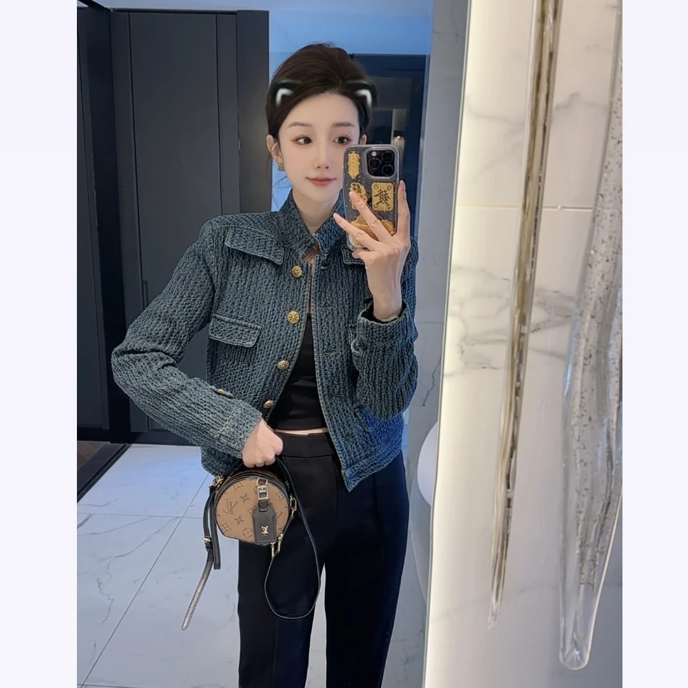 【大静静】深蓝时髦金扣牛仔外套经典复古314