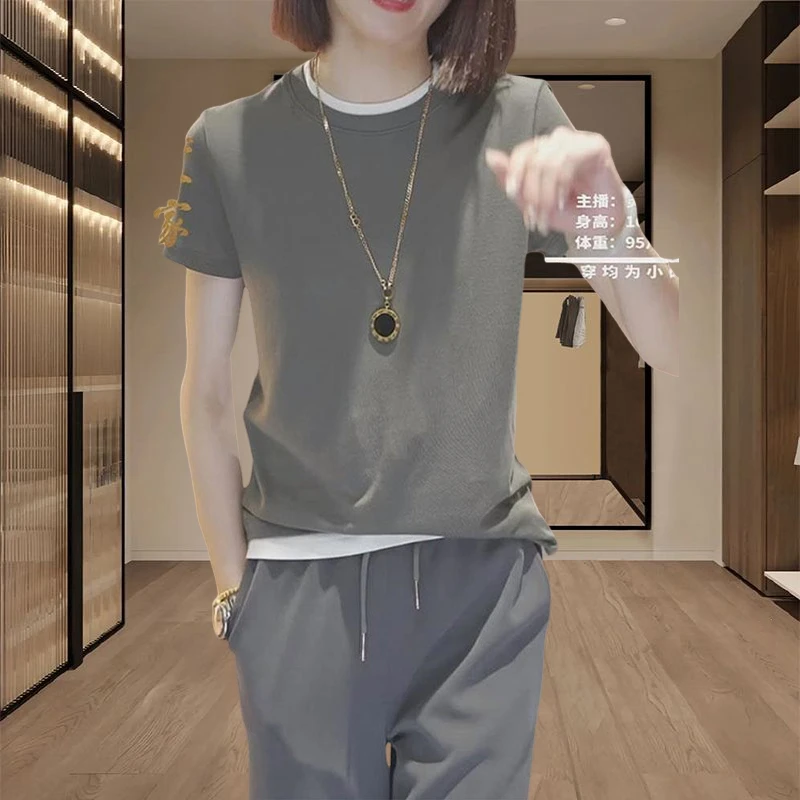 撞色假两件短袖t恤女夏2025年新款宽松休闲气质上衣纯棉显瘦体恤